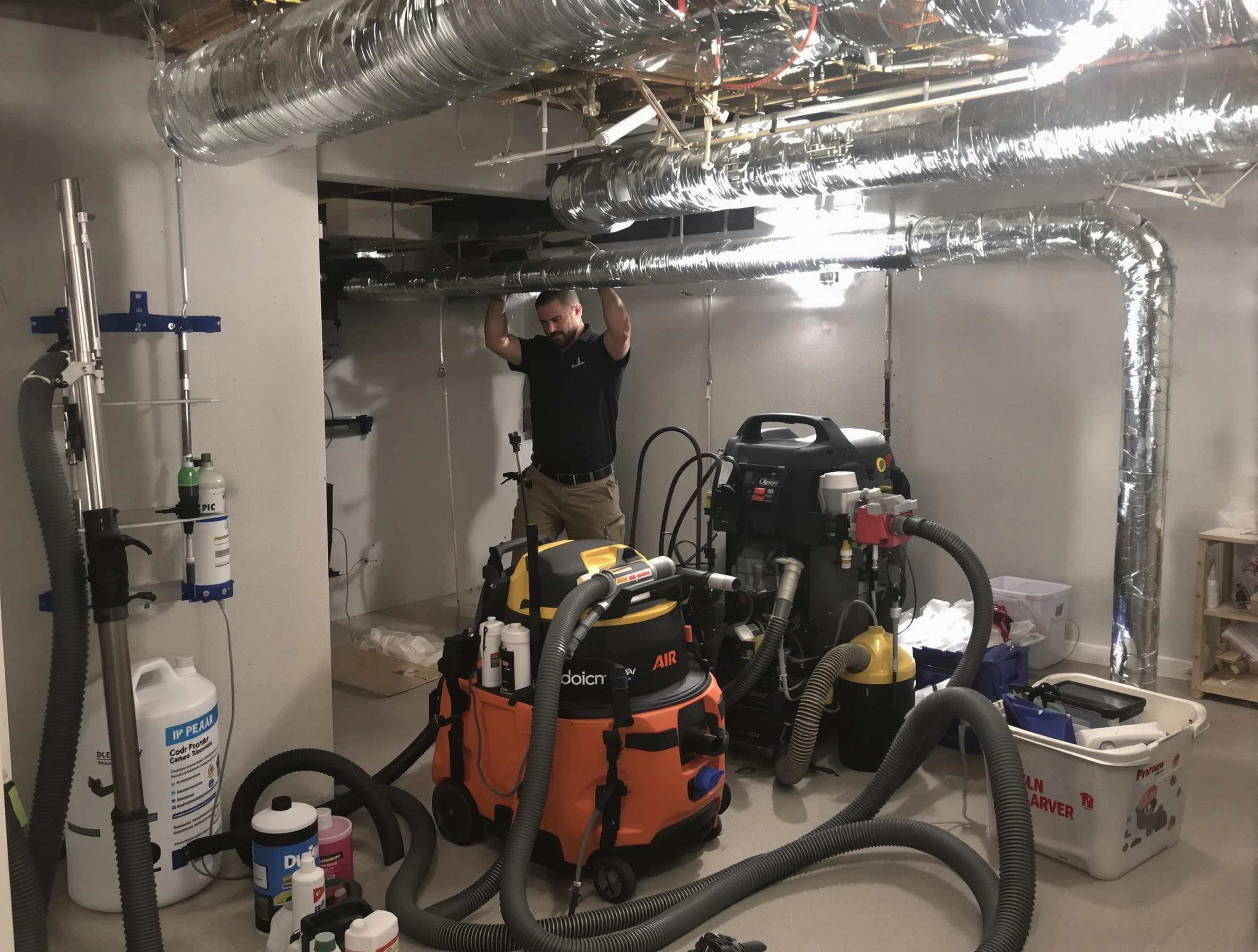 Blackstone Air Duct Cleaning specialist performing professional mold removal from air ducts using safety equipment in Blackstone