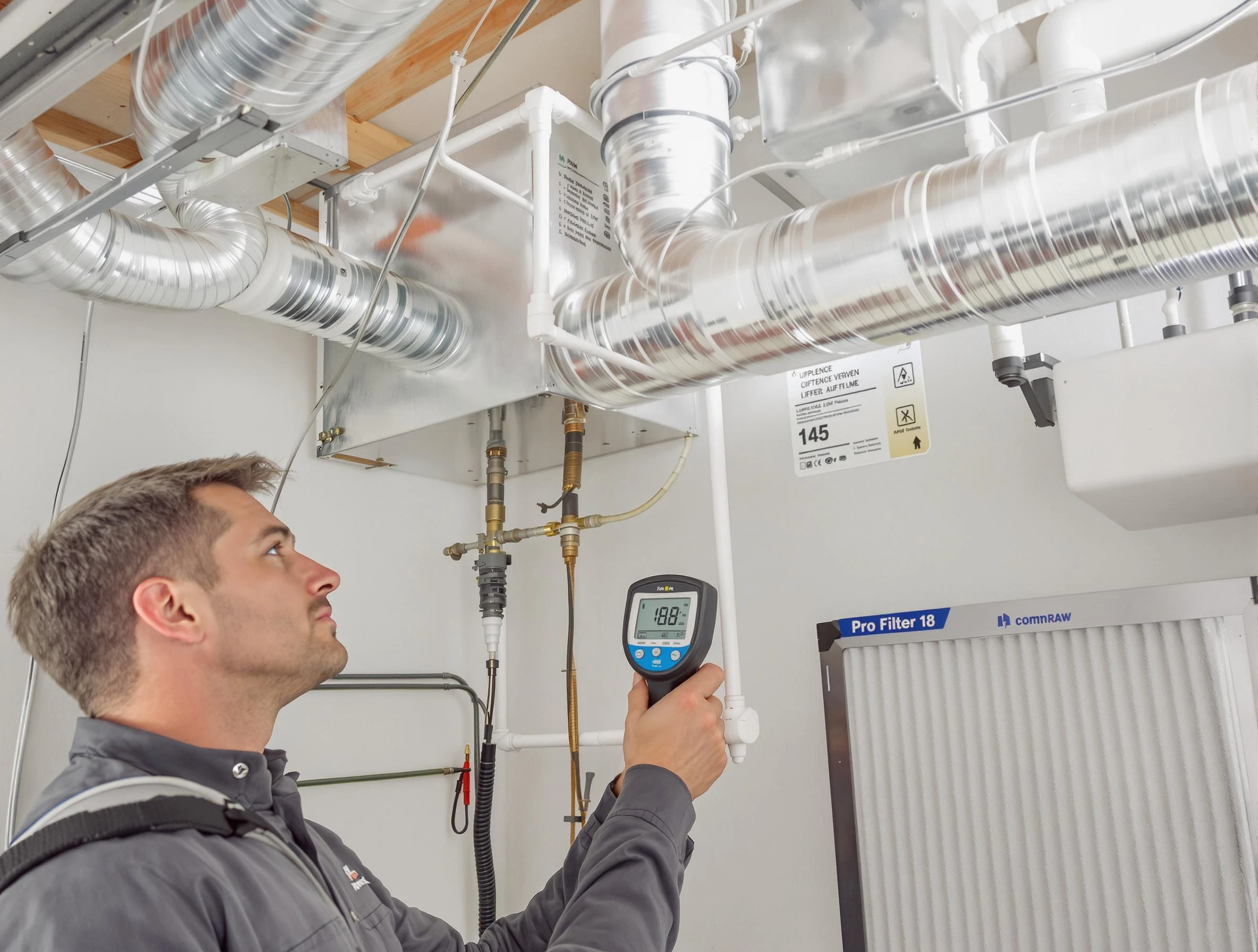 Blackstone Air Duct Cleaning expert conducting detailed filter system inspection using diagnostic tools in Blackstone