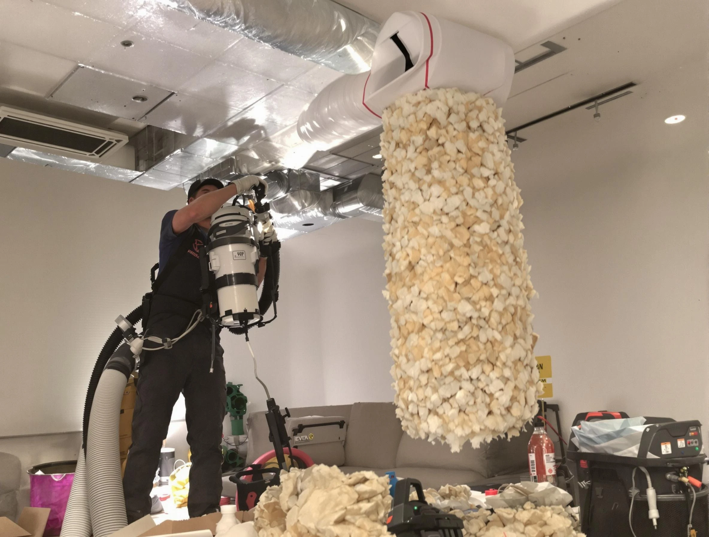 Blackstone Air Duct Cleaning technician performing precision vacuum insulation removal in a residential property in Blackstone